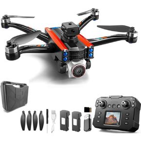 RC Drone With Screen Display, Dual Camera, Stunt Rolling, Optical Flow Hover, LED Lights, Speed Adjustment, Impact-Resistant ABS Shell, Quadcopter, 2 Batteries, Memory Card, Card Reader, Handbag (Grey)