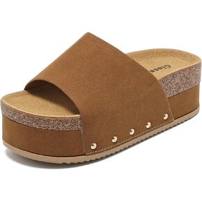 Suede Platform Sandals Women, Cork Footbed Espadrille Wedge Lady, Open Toe Chunky Mules, Summer Beach Slip On Shoes, Casual Comfort Slippers, Outdoor Footwear Slides
