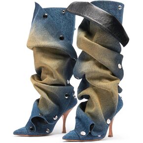 Women's High Heel Knee High Boots Sexy Pointed Toe Back Zipper Ruched Slouchy Stiletto Heel Tall Boots Fashion Studded Detachable Long Boots for Women
