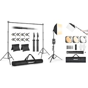 EMART Backdrop Stand 10x7ft(WxH) Photo Studio Adjustable Background Stand Support Kit +16"X16" Softbox Lighting Kit 3000K-6000K 85W LED Bulb (1PACK)