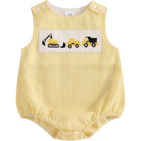 Newborn Baby Boy Summer Clothes Construction Excavator Embroidery Sleeveless Seersucker Bubble Romper Bodysuit