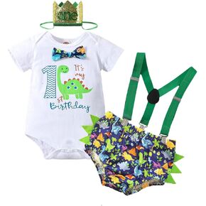 Baby Boys 1st Birthday Outfit Cake Smash Bow Tie Romper Dinosaurs Bodysuit Bloomers Y Back Suspenders Pants Set