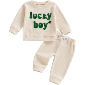 St Patricks Day Toddler Baby Boy Clothes Clover Lucky Boy Embroidery Sweatshirt Tops Jogger Pants Set 2Pcs Outfit