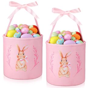 Hushee 2 Pcs Pink Easter Bunny Basket Large Canvas Egg Bags with Pink Ribbon Bow Coquette Fun Gifts Tote Candy Bag for Easter Essentials Decorations Party Supplies