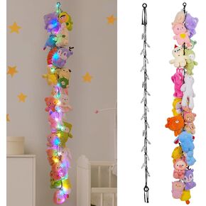 FIOBEE Stuffed Animals Storage Chain with LED Light Kids Toy Wall Storage 80" Corner Hanging Stuffed Animals Organizer Large Metal Clips for Nursery Playroom Bedroom Organization, Black, Pack of 1
