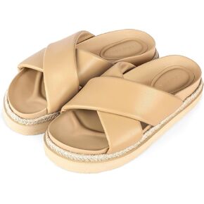 Platform Sandals for Women 2025 Raffia Espadrilles Slides Slip On Open Toe Summer Sandals with Criss Cross Decor