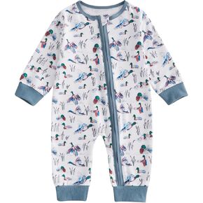Newborn Baby Boy Hunting Clothes Long Sleeve Round Neck Mallard Duck Print Zipper Jumpsuit Infant One-Piece Outfits
