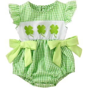 St Patrick's Day Newborn Girls Outfit Ruffle Sleeve Shamrock Bubble Romper Plaid Bodysuit Baby Girl Summer Clothes