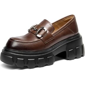 BEAU TODAY Platform Loafers for Women,Leather Chunky Loafers for Women,Heel Lug Sole Slip-on Breathable Horsebit Non-Slip Loafers for Work Business Casual