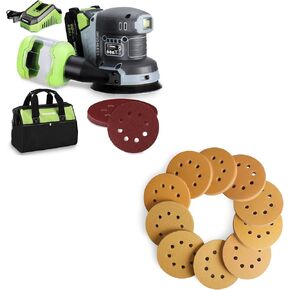 WORKPRO Cordless Random Orbital Sander Brushless and 150-piece Premium Gold Sanding Discs Set