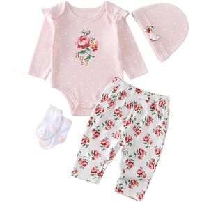 Baby Girl Clothes Toddler Long Sleeve Bodysuit Pants Set with Hat and Socks Baby Clothes Set