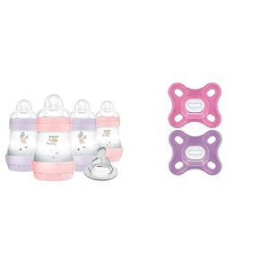 MAM Easy Start Anti-Colic 5oz Slow Flow Breastfeeding-Like Silicone Nipple Baby Bottle Reduces Gas & Reflux, MAM Comfort 100% Silicone Pacifier Girl 0-3 Months 2 Count