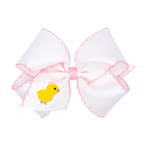 Wee Ones Girls' Easter Embellished Grosgrain Bow with Moonstitch Edge on a WeeStay clip, Handmade, King, Yellow Chick Embroidery