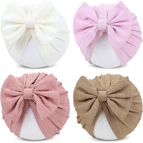 Cinaci 4 Pieces Baby Girls Turban Hats with Bow Newborn Hospital Caps Bonnet Beanies Headwraps for Infants Toddlers