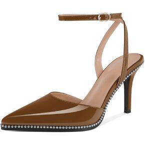 SAMMITOP Women's Slingback High Heels Strappy Closed Ponited Toe Stilettos Silver Beaded Ankle Strap Wedding Party Dress Pumps Shoes 3.5 Inch
