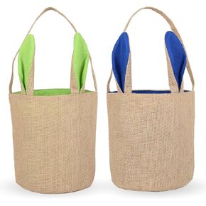 2PCS Easter Bunny Basket Burlap Buckets,Bunny Jute Easter Baskets Bags,Pop Burlap Easter Bunny Ear Bag For Kids Boys Girls Easter Egg Hunt Baskets(G-P)