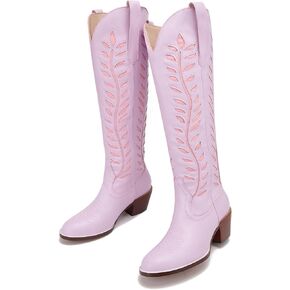 Yishaweiqi Embroidered Cowboy Boots for Women Almond Round Toe Chunky Heel Cowgirl Boots Pull On Knee High Western Boots with Contrast Foliage Inlay