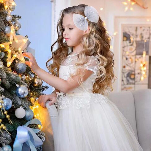 2 PCS Pearl Hair Bows Hair Clips for Toddler Girls - Elegant Ivory Lace Veil Hair Accessories for Birthday, Wedding, Halloween, Thanksgiving, and Christmas Occasions(Ivory) in Kuwait