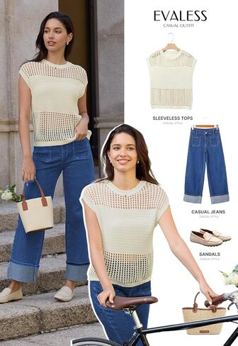 EVALESS Womens Tops Casual Summer Cap Short Sleeve Crochet Hollow Out Knit Sweater Vest Pullover T-Shirts Beach Coverup in Kuwait