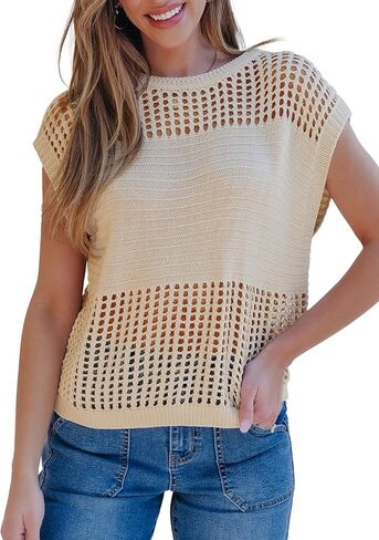 EVALESS Womens Tops Casual Summer Cap Short Sleeve Crochet Hollow Out Knit Sweater Vest Pullover T-Shirts Beach Coverup in Kuwait