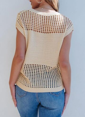 EVALESS Womens Tops Casual Summer Cap Short Sleeve Crochet Hollow Out Knit Sweater Vest Pullover T-Shirts Beach Coverup in Kuwait