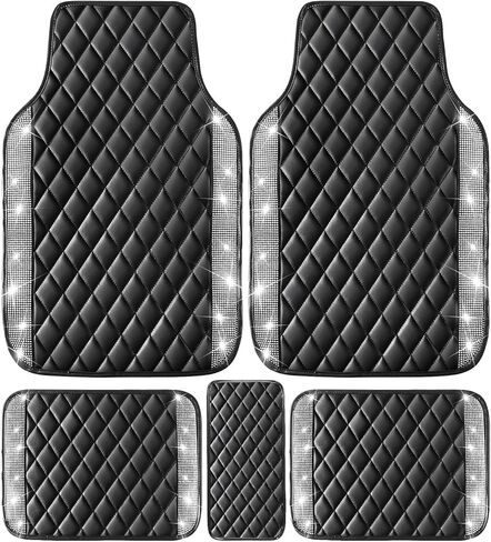 NBTEPEM Pink Bling Leather Car Floor Mats Full Set, Sparkly Diamond Car Mats Universal Fit Most Automotive, Glitter Rhinestone Carpet Waterproof Anti-Slip, 5 pcs Set (Pink Leather Diamond) in Kuwait