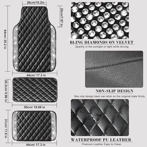 NBTEPEM Pink Bling Leather Car Floor Mats Full Set, Sparkly Diamond Car Mats Universal Fit Most Automotive, Glitter Rhinestone Carpet Waterproof Anti-Slip, 5 pcs Set (Pink Leather Diamond) in Kuwait