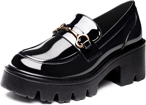 Black Platform Loafers for Women - Women's Slip-On Leather Loafers, Chunky Comfort Shoes for Work & Dressy Occasions in Kuwait