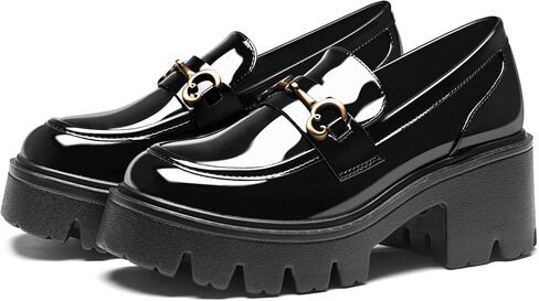 Black Platform Loafers for Women - Women's Slip-On Leather Loafers, Chunky Comfort Shoes for Work & Dressy Occasions in Kuwait