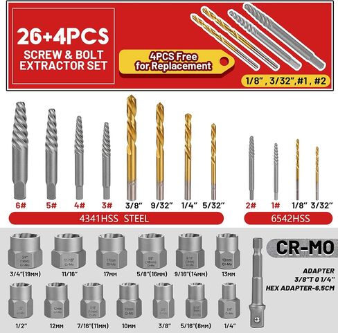 30 Pcs Spiral Screw Extractor Bolt Extractor Set, 6542/4341 HSS Left Hand Drill Bit Set, Stripped Bolt Remover Borken Bolt Extractor Kit for Removing Nuts Bolts with Solid Storage Case in Kuwait