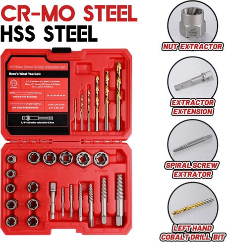 30 Pcs Spiral Screw Extractor Bolt Extractor Set, 6542/4341 HSS Left Hand Drill Bit Set, Stripped Bolt Remover Borken Bolt Extractor Kit for Removing Nuts Bolts with Solid Storage Case in Kuwait