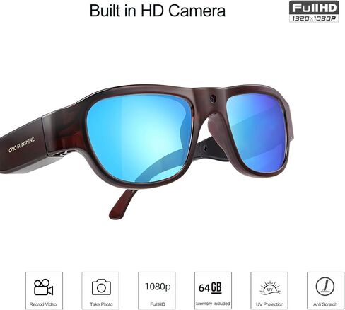 OhO sunshine High Resolution Camera Glasses, 64GB Full HD 1080P Video Indoor and Outdoor with Built in 16MP Camera and Blue Polarized UV400 Lens in Saudi Arabia