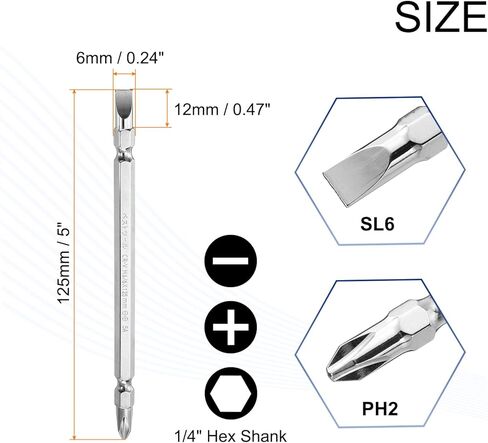 HARFINGTON 2pcs Magnetic Double Ended Screwdriver Bit 6mm PH2/SL6 6"/150mm 1/4" Hex Shank CR-V Steel Phillips Cross Slotted Flat Screw Driver Bit for Power Screwdriver Impact Drill Tool in Kuwait
