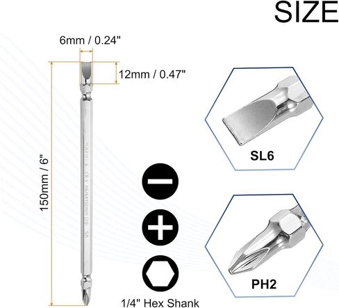 HARFINGTON 2pcs Magnetic Double Ended Screwdriver Bit 6mm PH2/SL6 6"/150mm 1/4" Hex Shank CR-V Steel Phillips Cross Slotted Flat Screw Driver Bit for Power Screwdriver Impact Drill Tool in Kuwait