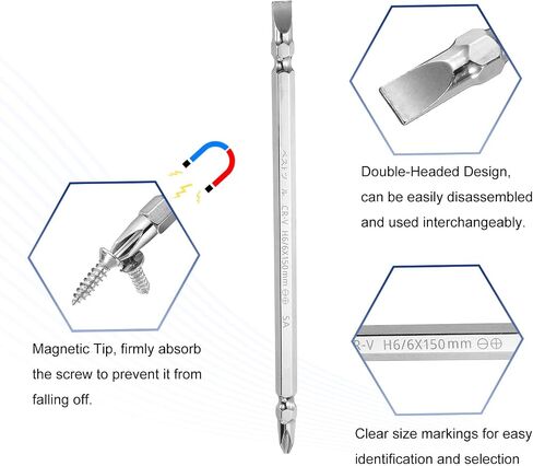 HARFINGTON 2pcs Magnetic Double Ended Screwdriver Bit 6mm PH2/SL6 6"/150mm 1/4" Hex Shank CR-V Steel Phillips Cross Slotted Flat Screw Driver Bit for Power Screwdriver Impact Drill Tool in Kuwait