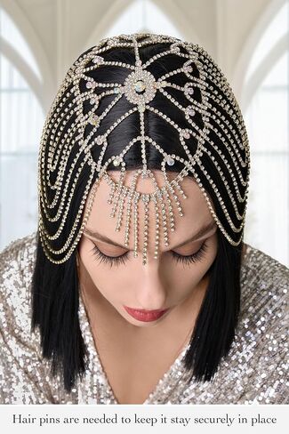 BABEYOND Vintage Style Roaring 20s Crystal Rhinestone Flapper Cap Headpiece Head Jewelry Chains (Gold) in Kuwait