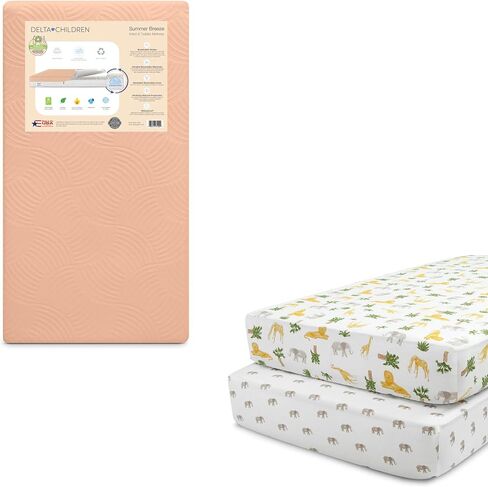 Delta Children Summer Breeze Mattress - Breathable Baby Crib & Toddler Mattress with Cloud Core + Delta Children Fitted Crib Sheets for Girls and Boys (Pack of 2), Safari Friends (Bundle) in Saudi Arabia