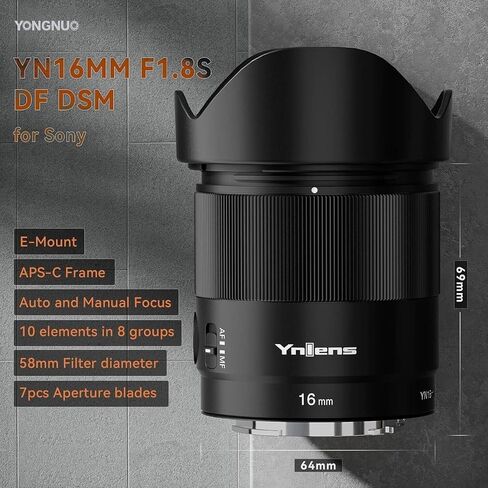 YONGNUO YN16MM F1.8S DA DSM AF/MF APS-C Frame Wide Angle Prime Lens for Sony E Mount Cameras Compatible with Sony ZV-E10,α6700,α6400,A6600,A6100 in Saudi Arabia