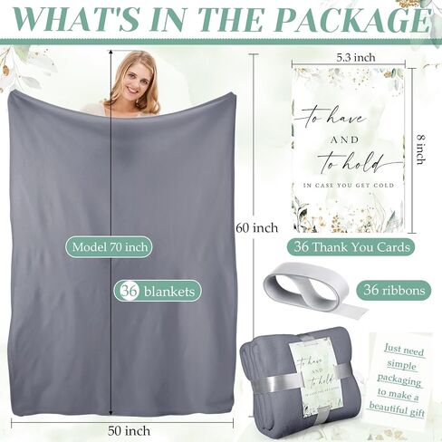 Buryeah 36 Pack Wedding Fleece Throw Blanket Bulk 50 x 60 Inch Soft Lightweight Fleece Lap Blanket with Thank You Cards and Ribbon for Wedding Sleepover Spa Slumber Favors Gifts (Light Gray) in Kuwait