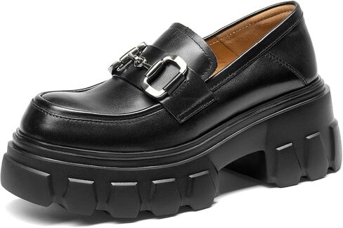 EAU Today Platform Loafers for Women,Leather Chunky Loafers for Women,Heel Lug Sole Slip-on Breathable Horsebit Non-Slip Shoes for Work Business Casual Black US 6 in Saudi Arabia
