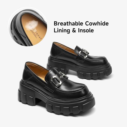 EAU Today Platform Loafers for Women,Leather Chunky Loafers for Women,Heel Lug Sole Slip-on Breathable Horsebit Non-Slip Shoes for Work Business Casual Black US 6 in Saudi Arabia