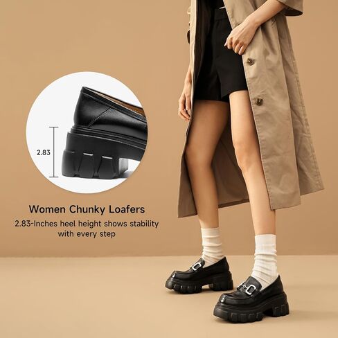 EAU Today Platform Loafers for Women,Leather Chunky Loafers for Women,Heel Lug Sole Slip-on Breathable Horsebit Non-Slip Shoes for Work Business Casual Black US 6 in Saudi Arabia