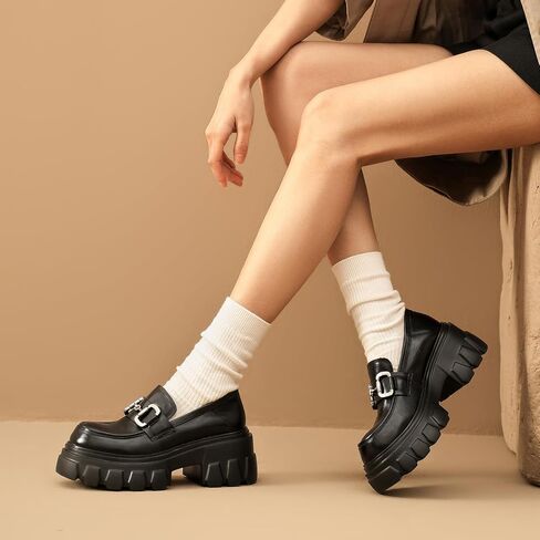 EAU Today Platform Loafers for Women,Leather Chunky Loafers for Women,Heel Lug Sole Slip-on Breathable Horsebit Non-Slip Shoes for Work Business Casual Black US 6 in Saudi Arabia