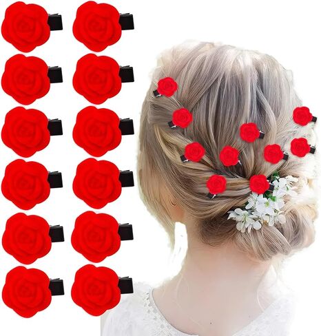 12pcs ميني ريد روز زهرة مقاطع شعر للنساء شعر صغير باريت عتيقة الزفاف الزفاف الزفاف in Kuwait
