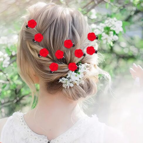 12pcs ميني ريد روز زهرة مقاطع شعر للنساء شعر صغير باريت عتيقة الزفاف الزفاف الزفاف in Kuwait