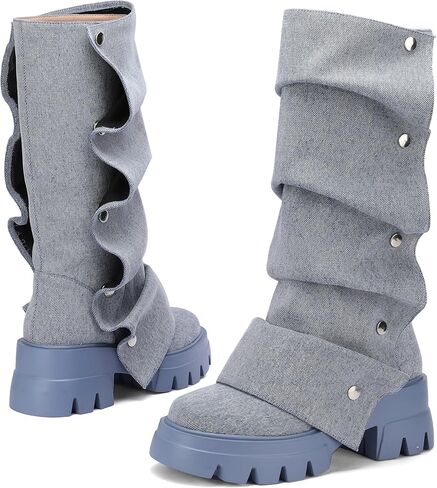 منصة النساء Ruched Ruched Mid Boots Round Round Toe Boots القابلة للفصل in Kuwait