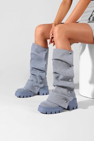 منصة النساء Ruched Ruched Mid Boots Round Round Toe Boots القابلة للفصل in Kuwait