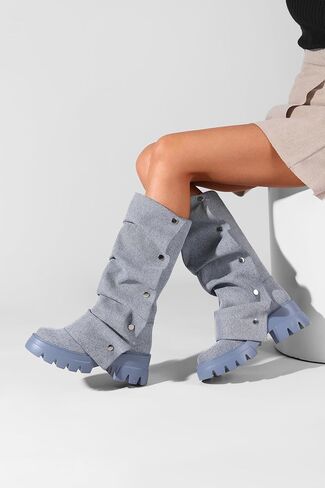 منصة النساء Ruched Ruched Mid Boots Round Round Toe Boots القابلة للفصل in Kuwait