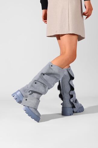 منصة النساء Ruched Ruched Mid Boots Round Round Toe Boots القابلة للفصل in Kuwait