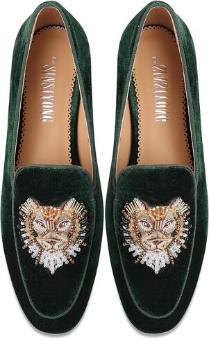 Embroidered Loafers for Women Round Toe Velvet Flats with Tiger Head Pattern in Saudi Arabia